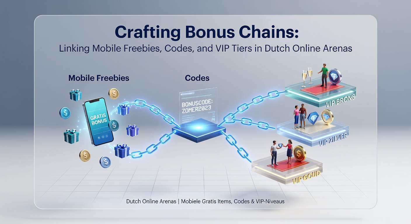 Gouden ketting van bonusiconen: mobiele spins, flitsende codes en VIP-kroon die door een Nederlands vlaggetje met casino-apps heen lopen