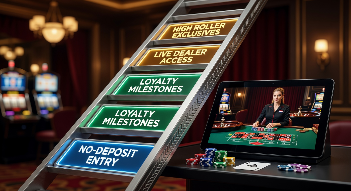 Grafische weergave van een loyalty ladder in een Nederlands online casino, met treden van no-deposit bonussen tot exclusieve high roller tafels