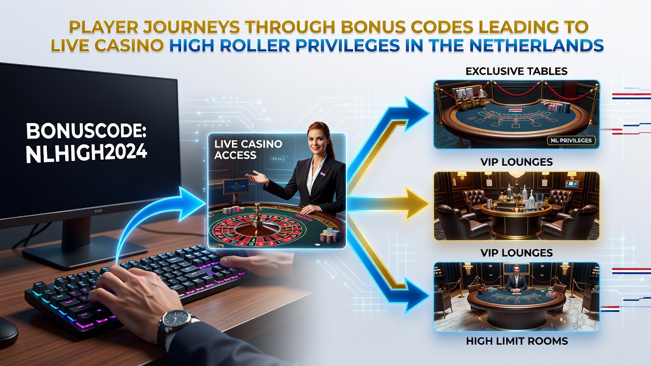 Diagram van progressieve beloningsroutes van bonuscodes naar high roller live casino voordelen