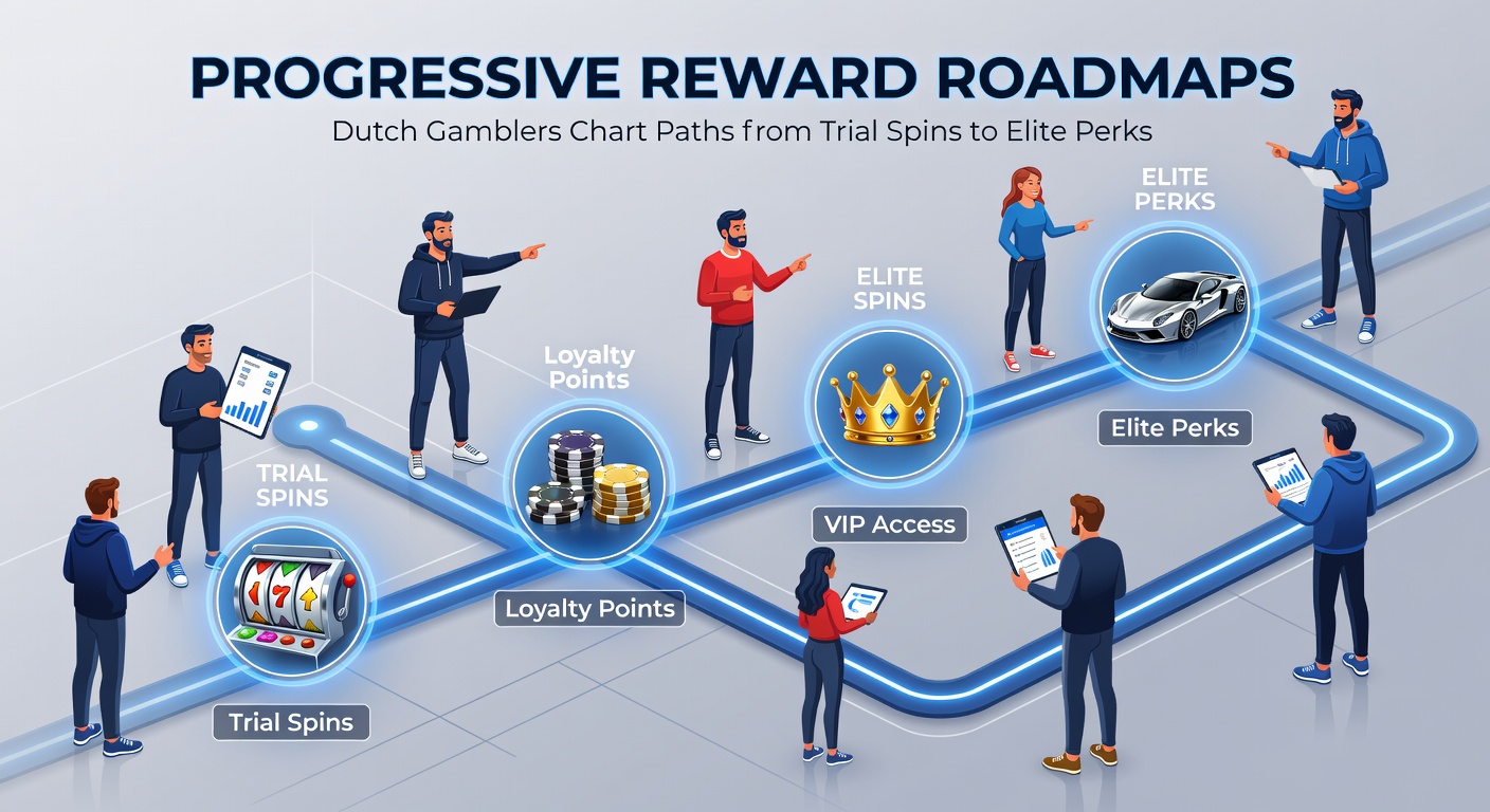 Grafiek van een progressieve beloningsroute in een Nederlands online casino, met stappen van proefspins naar vip-niveaus
