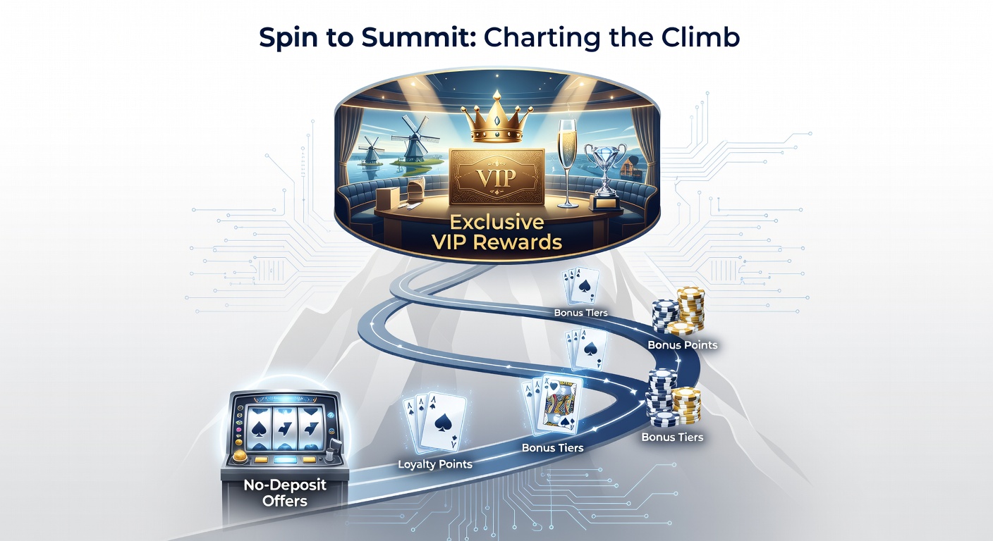 Grafiek die de progressie toont van no-deposit bonussen naar VIP-niveaus in Nederlandse online casinos, met stijgende lijnen en beloningsiconen