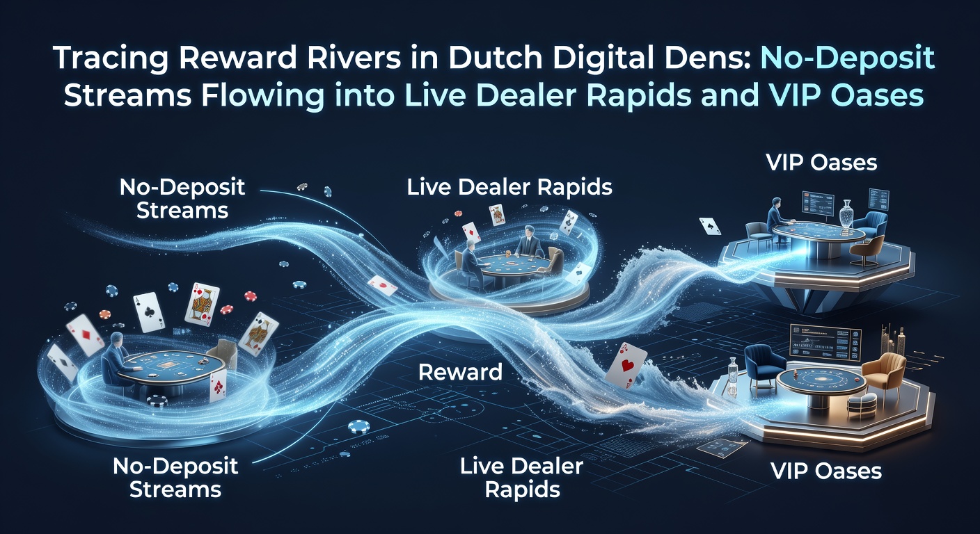 Visuele weergave van bonusstromen die door Nederlandse online casino-landschappen vloeien, van no-deposit startpunten naar live dealer en VIP-gebieden